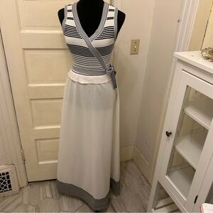 Striped Knit Wrap Maxi Dress in White and Navy